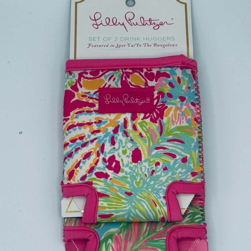 2 Lilly Pulitzer Drink Huggers Pink Floral Bottle Can Beverage Sleeve Pair - Picture 4 of 5